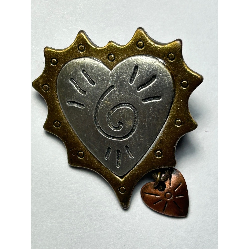 Artisan Heart Sunburst Pin Brooch Dangle Charm Pendant Mixed Metal